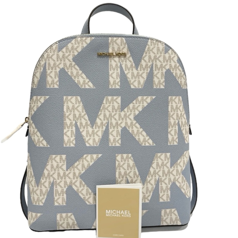 NWT $298 MICHAEL KORS CINDY LARGE GRAPHIC LOGO BACKPACK PALE BLUE MULTI